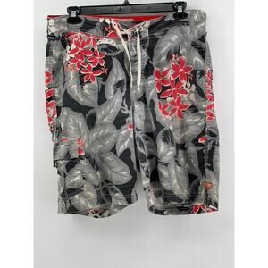 SOLITUDE Men's Hawaiian Tropical Floral Black/Red Grey Swim Board Shorts SZ 38